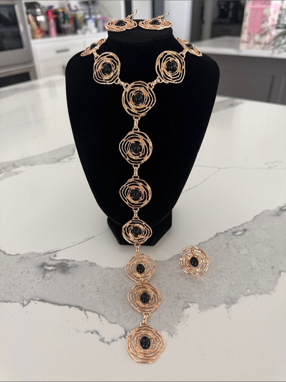 Elegant Rose-Gold Floral Drop Necklace and Earring Set with Black Stones